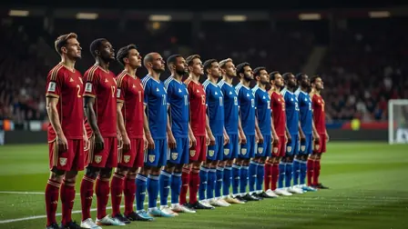 Players in red and blue lined up on the halfway line at night